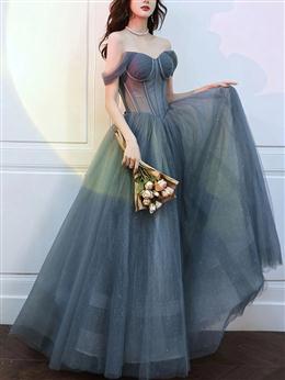 Picture of Pretty Grey Tulle Off Shoulder Long Formal Party Dresses, Grey Evening Dress